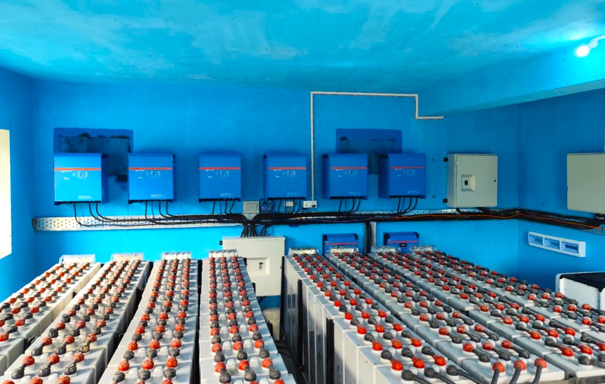 Victron Quattro inverter stack and 2V OPzV battery bank at the Kankasundari power house