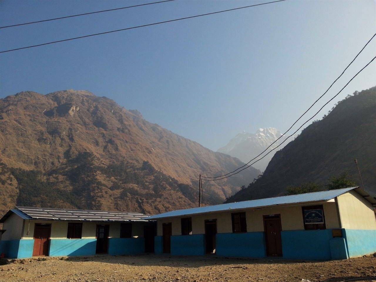 Transmission poles and prayer flags above Simigoan village