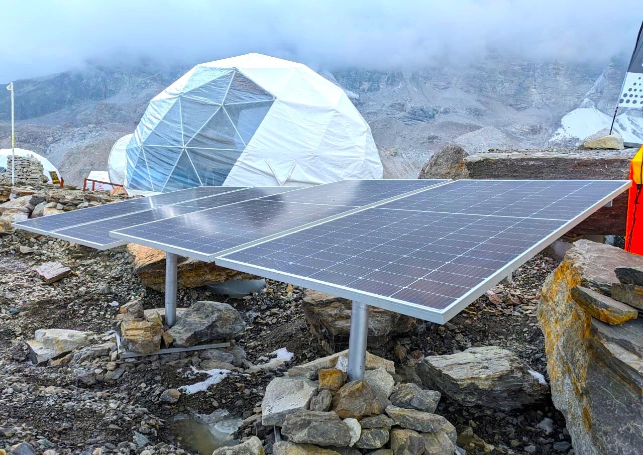 Solar array set up amongst the dome tents at Everest Base Camp