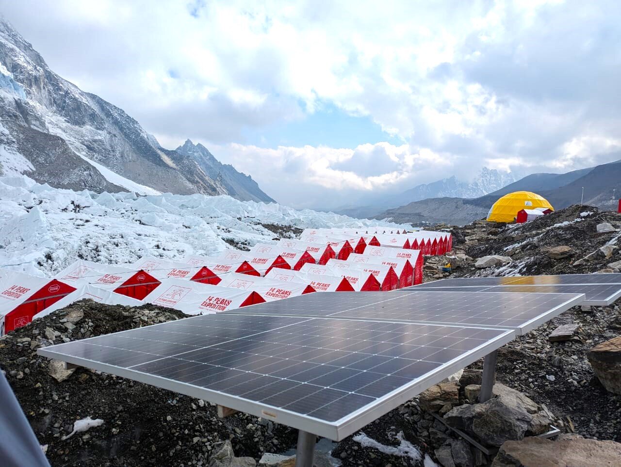 14 Peaks Expedition camp with solar array on the Khumbu glacier